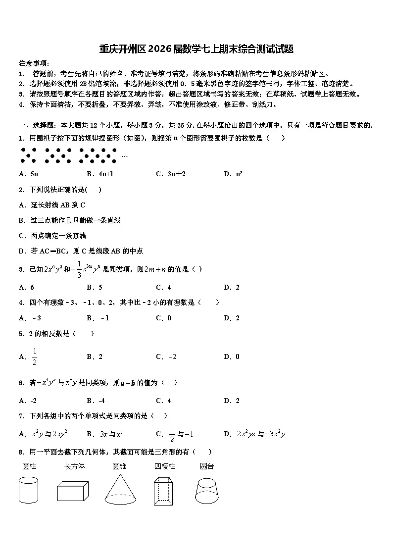 重庆开州区2026届数学七上期末综合测试试题含解析第1页