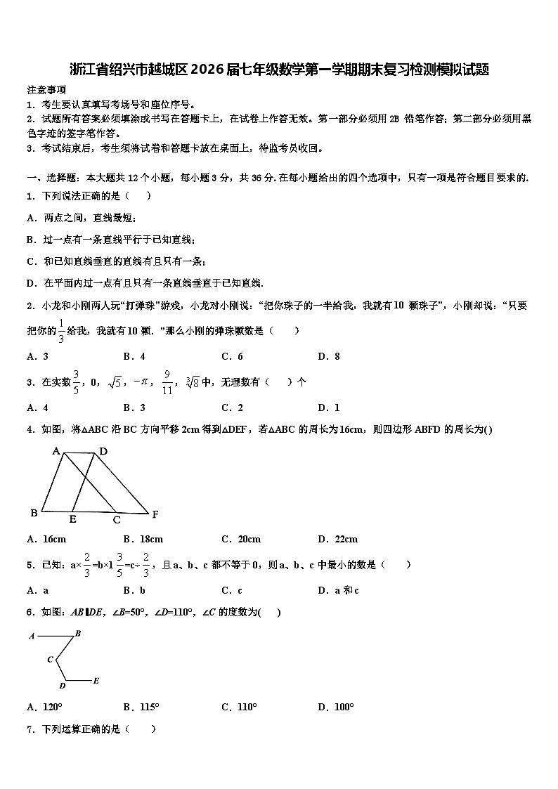 浙江省绍兴市越城区2026届七年级数学第一学期期末复习检测模拟试题含解析第1页