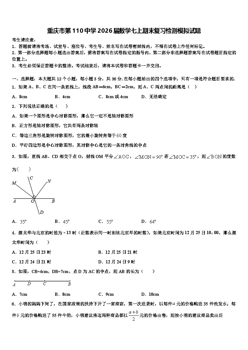 重庆市第110中学2026届数学七上期末复习检测模拟试题含解析第1页