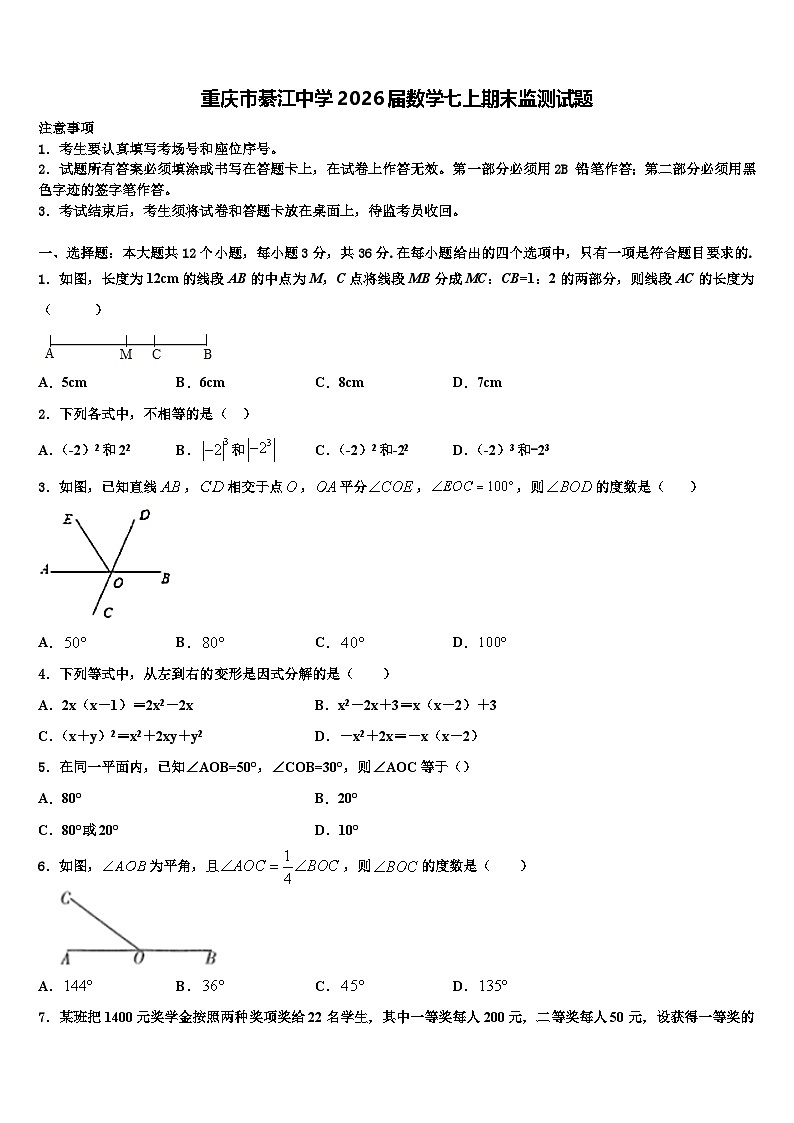 重庆市綦江中学2026届数学七上期末监测试题含解析第1页