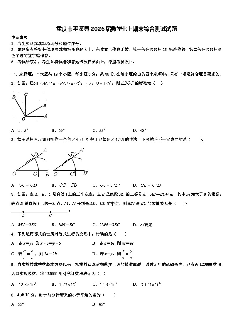 重庆市巫溪县2026届数学七上期末综合测试试题含解析第1页