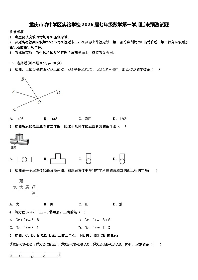 重庆市渝中学区实验学校2026届七年级数学第一学期期末预测试题含解析第1页