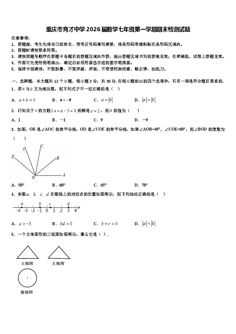 重庆市育才中学2026届数学七年级第一学期期末检测试题含解析第1页