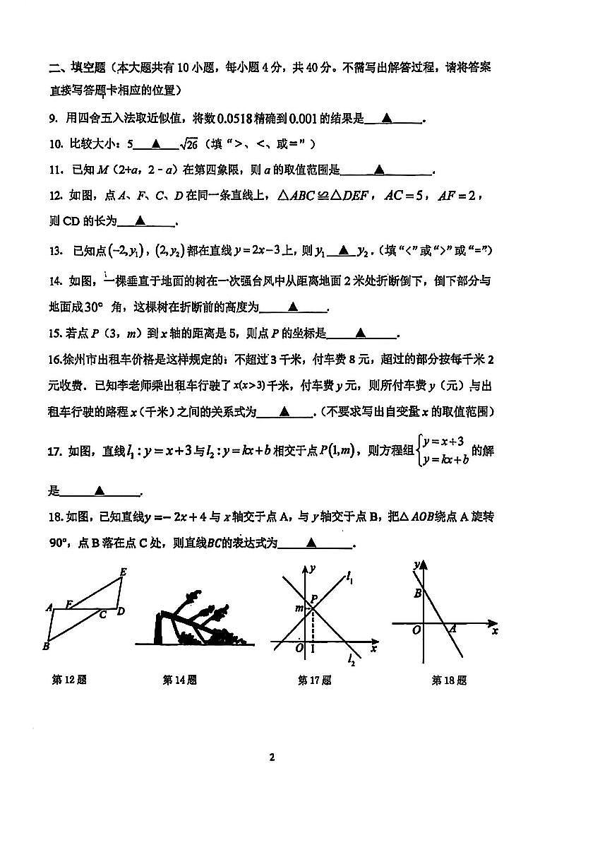 江苏省徐州市树人初级中学2025-2026学年八年级上学期第二次月考数学试卷第2页