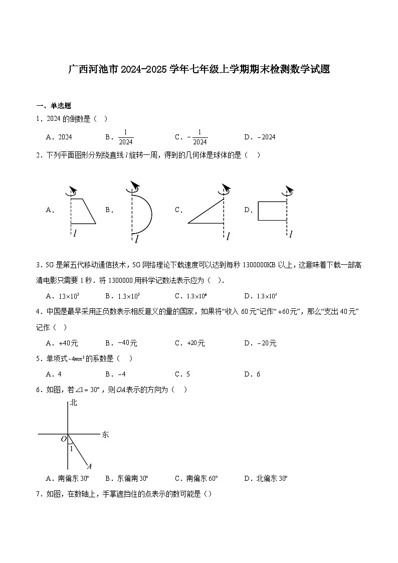 广西河池市2024-2025学年七年级上学期期末检测数学试卷(含解析)第1页