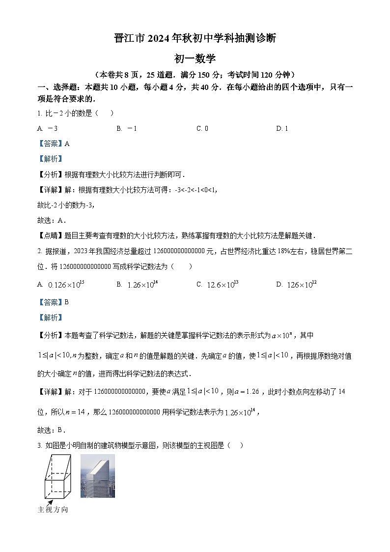 福建省泉州市晋江市2024--2025学年七年级上学期期末质量抽测数学试卷 （解析版）-A4第1页