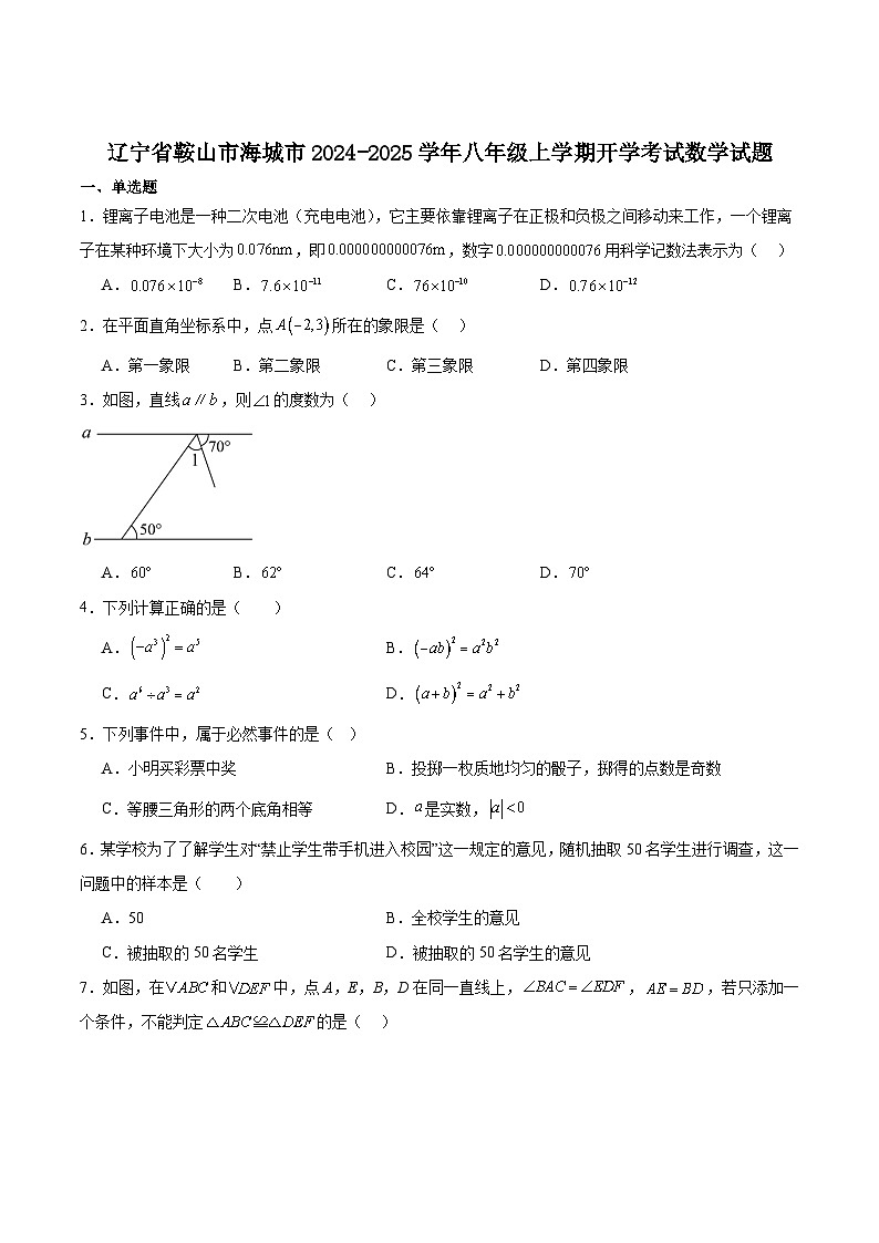 辽宁省鞍山市海城市2024-2025学年八年级上学期开学考试数学试卷(含解析)第1页