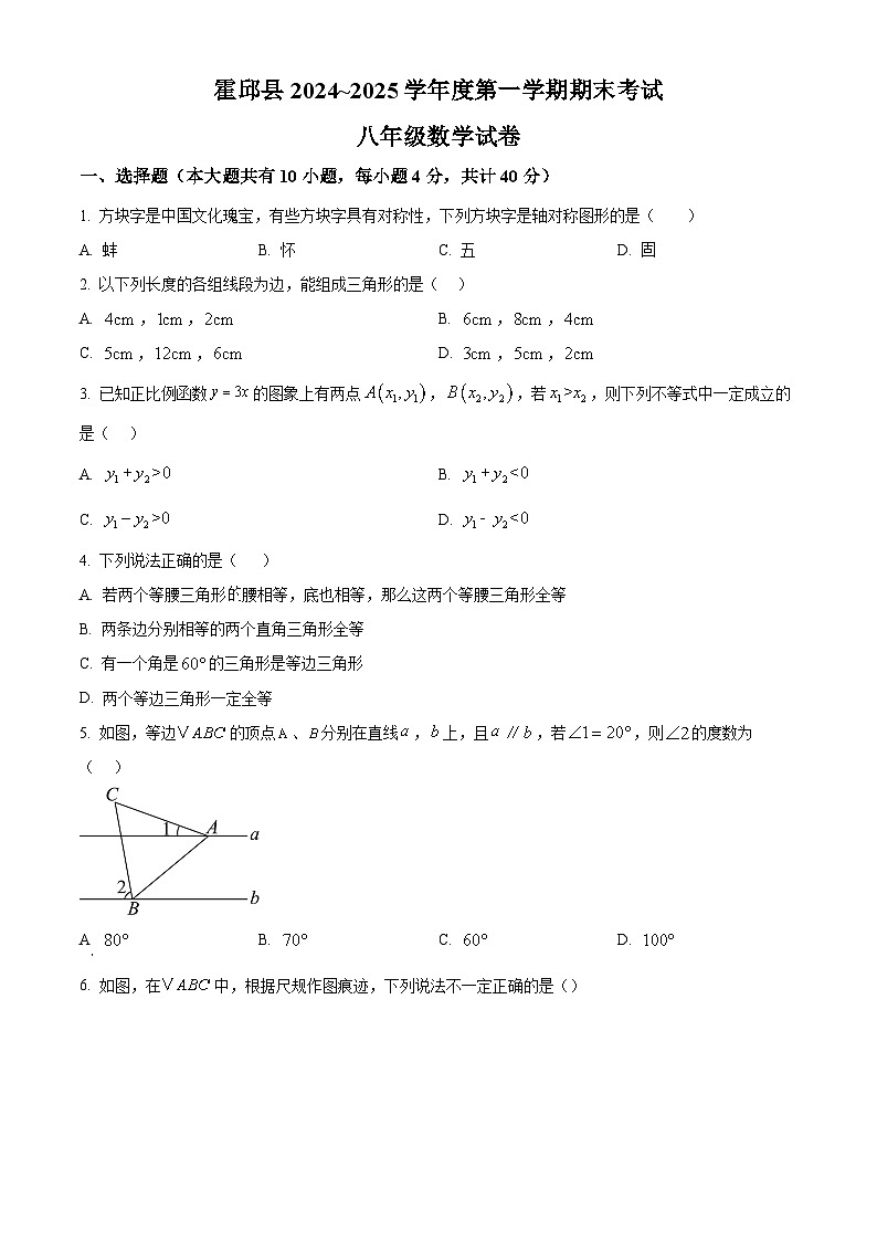 安徽省六安市霍邱县2024-2025学年八年级上学期1月期末数学试题第1页