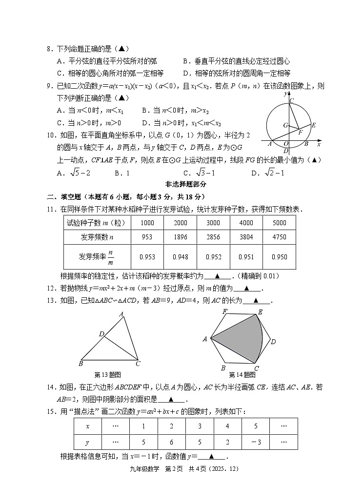 202512九年级数学试题卷第2页