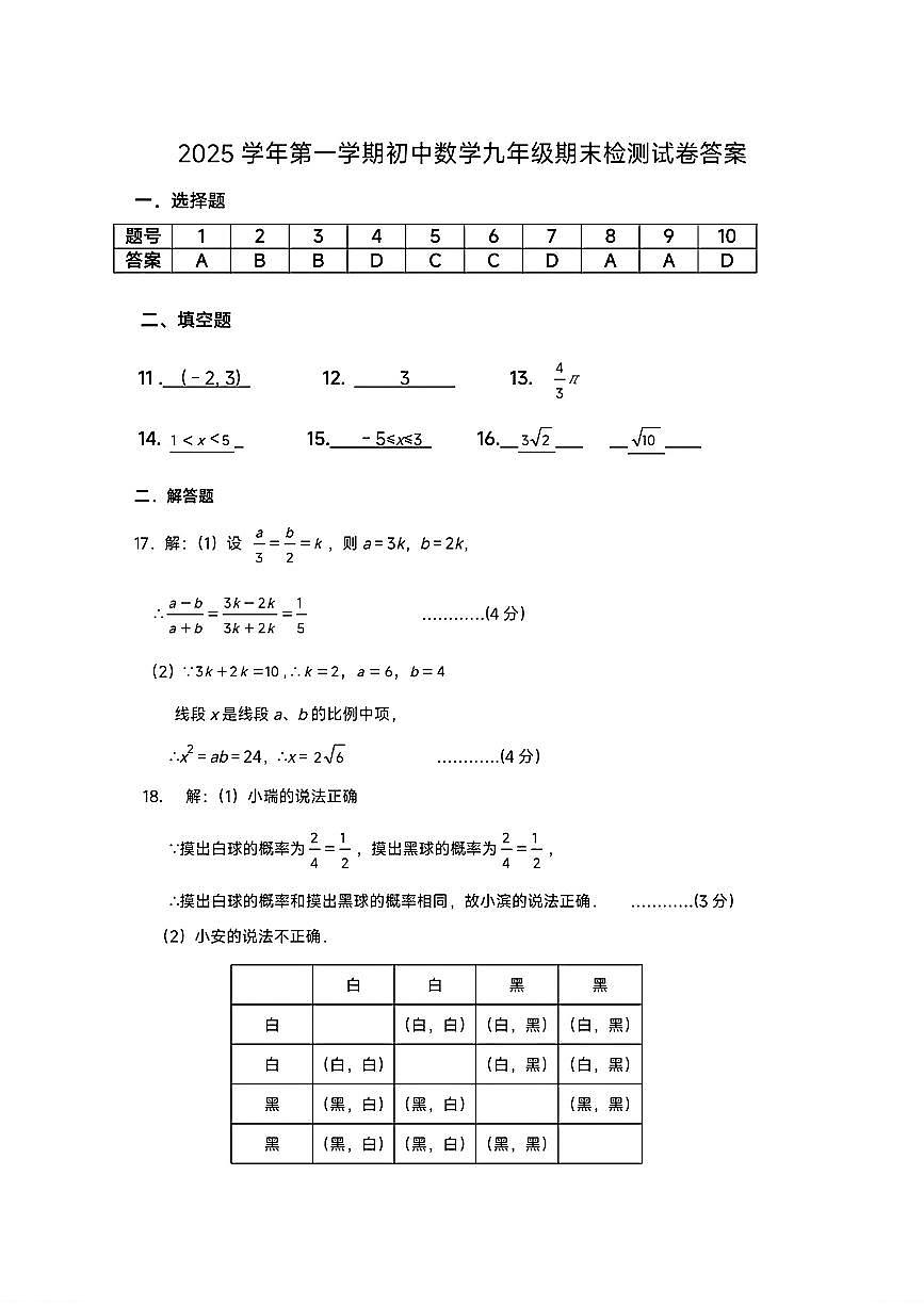 2025年12月温州市瑞安五校联考九年级（上）月考数学试卷参考答案第1页