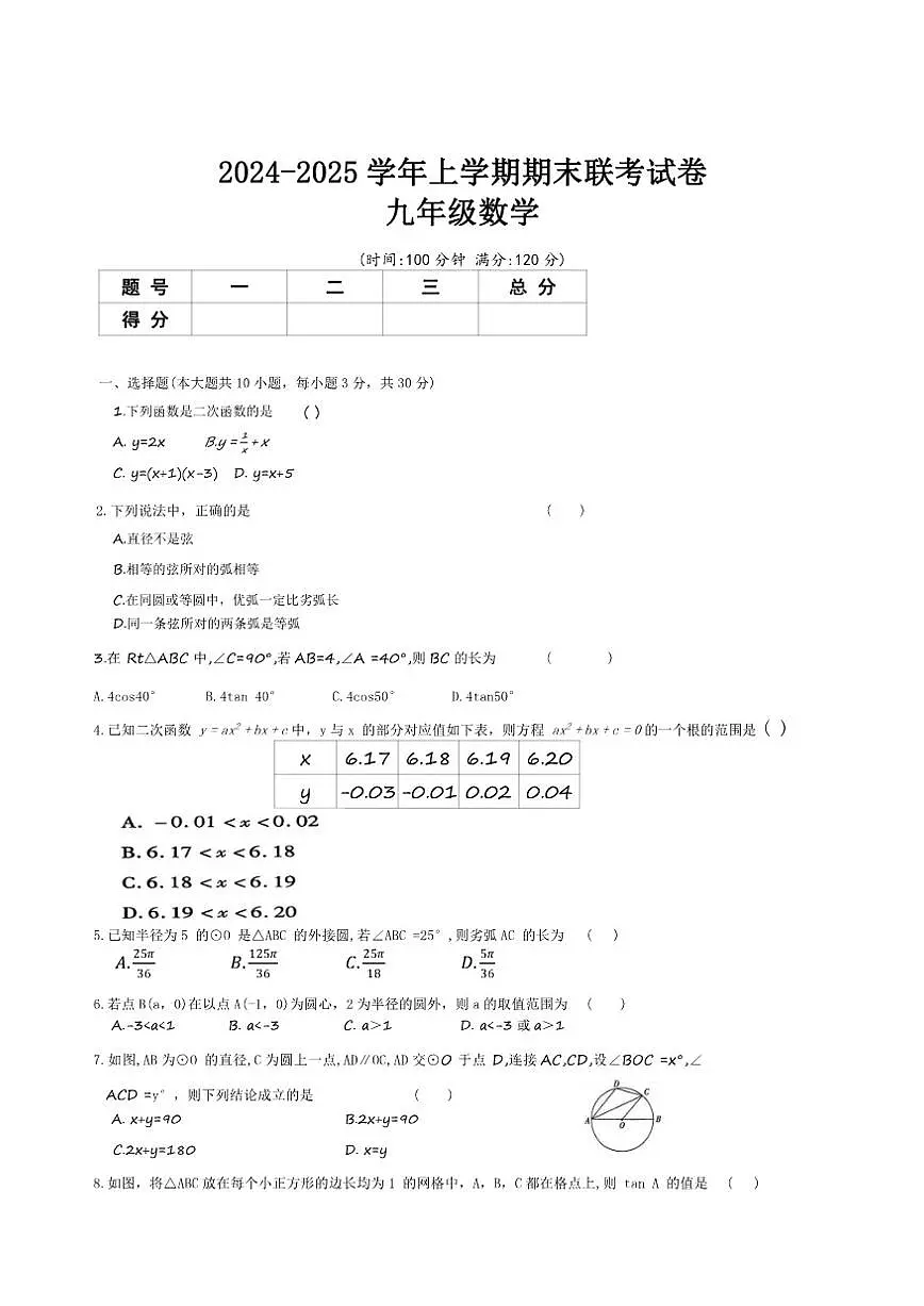 河南省平顶山市鲁山县第七教研区2024-2025上学期九年级数学期末联考试卷(含图片答案)第1页