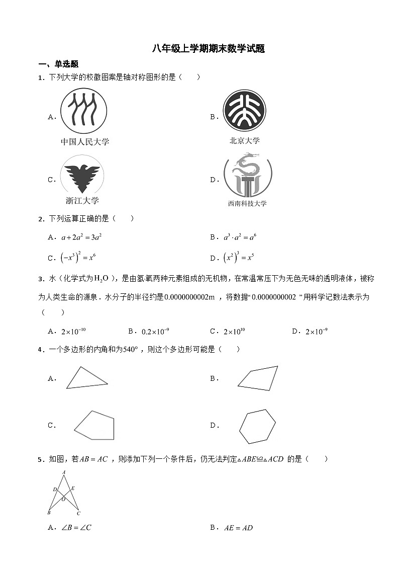 四川省泸州市2025年八年级上学期期末数学试题附答案第1页
