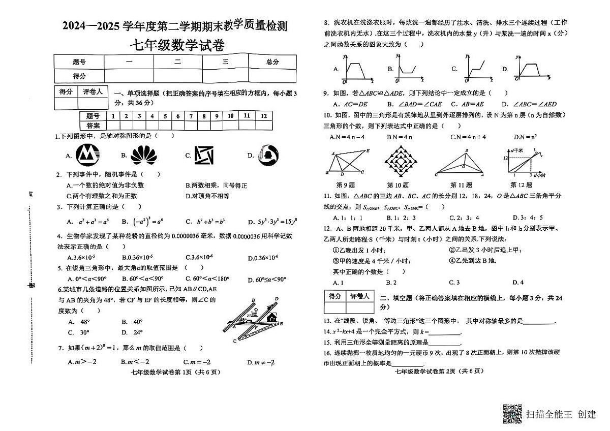七年级数学期末试卷第1页