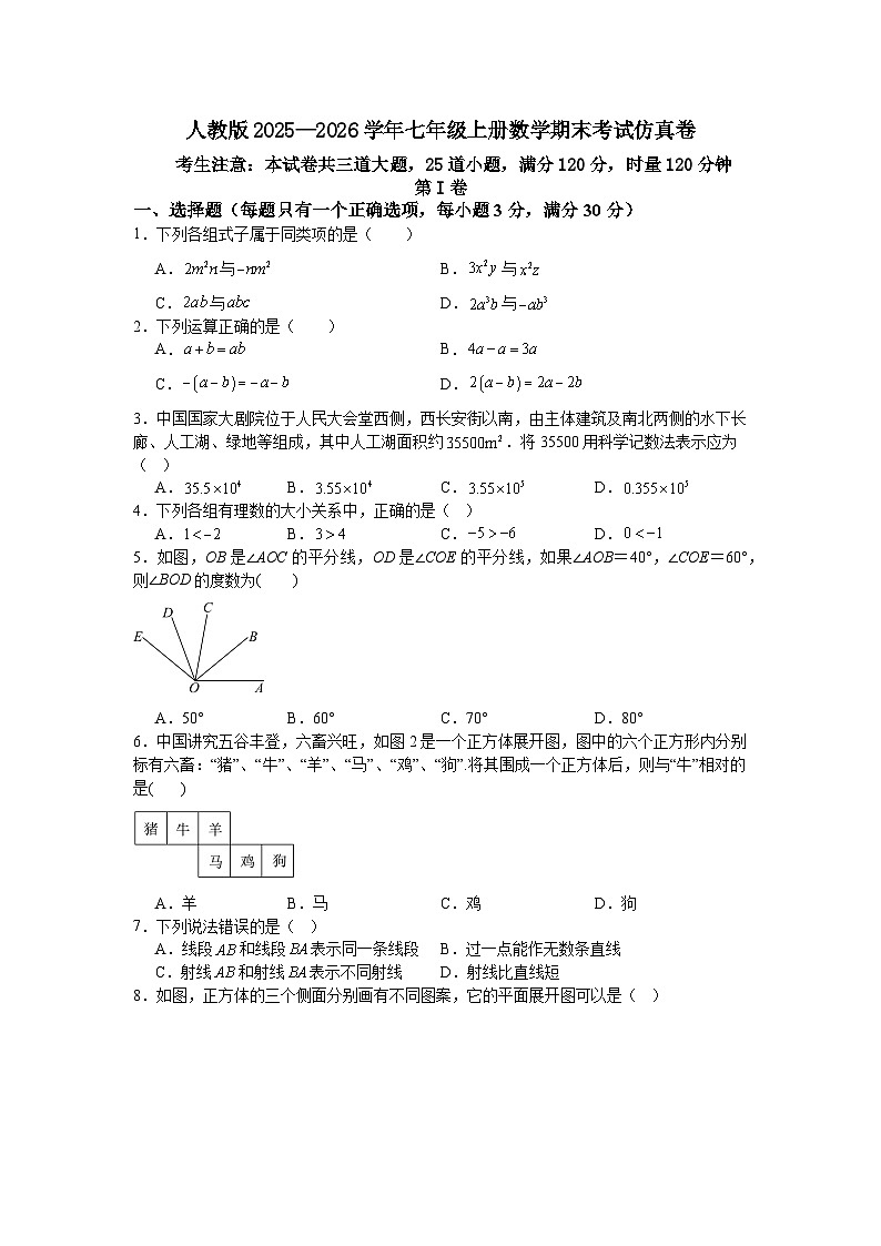 人教版2025—2026学年七年级上册数学期末考试仿真卷第1页