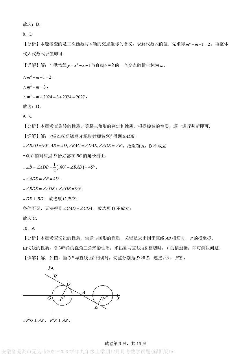 安徽省芜湖市无为市2024-2025学年九年级上学期12月月考数学试题(解析版)A4第3页