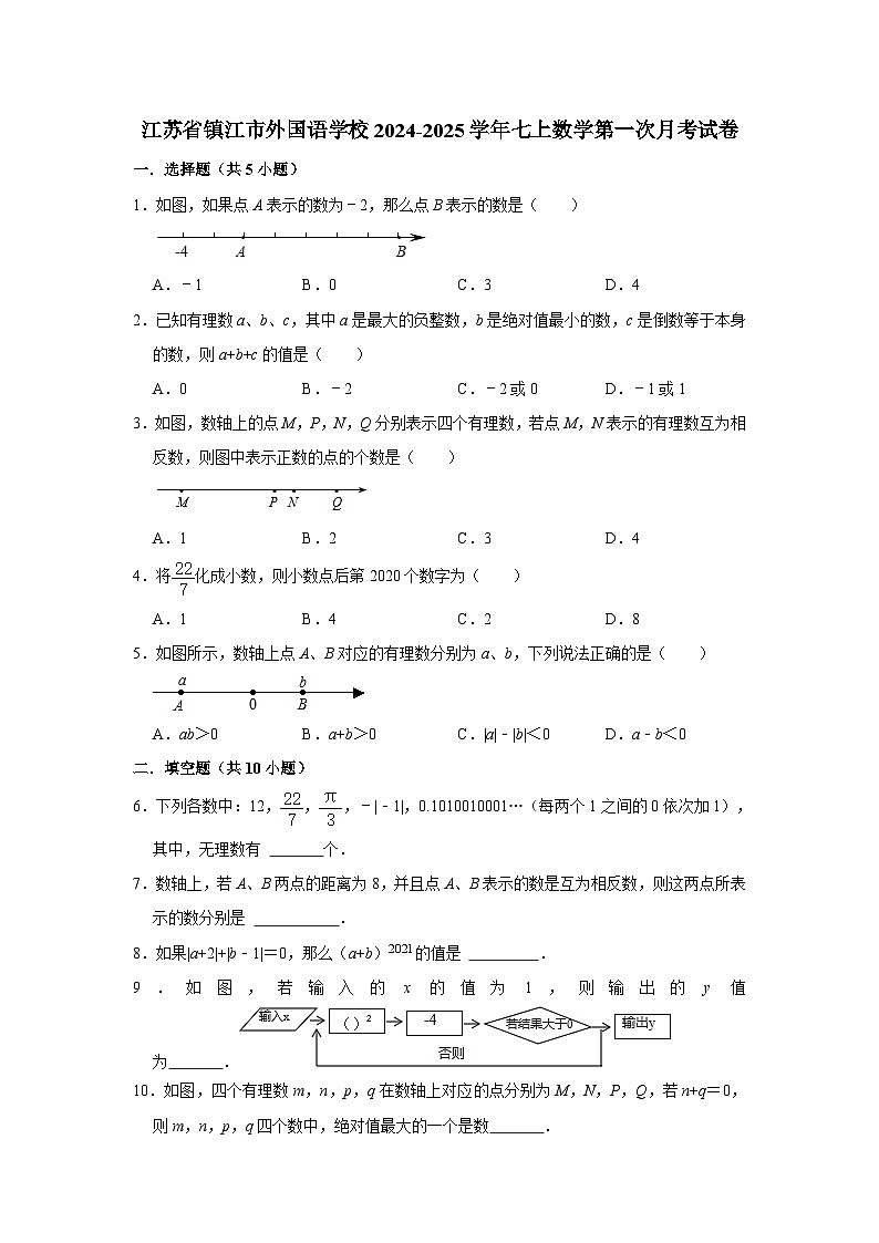 江苏省镇江市外国语学校2024-2025学年七年级上学期第一次月考数学试卷第1页