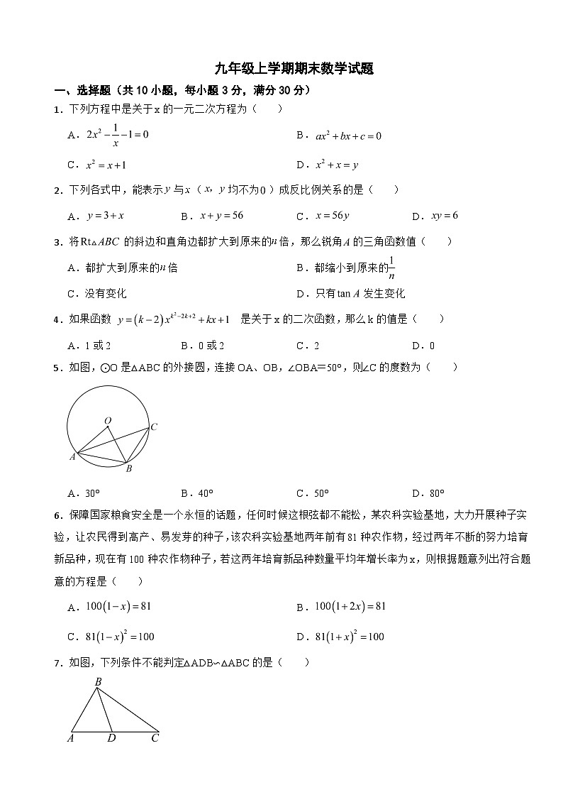 湖南省常德市2025年九年级上学期期末数学试题附答案第1页