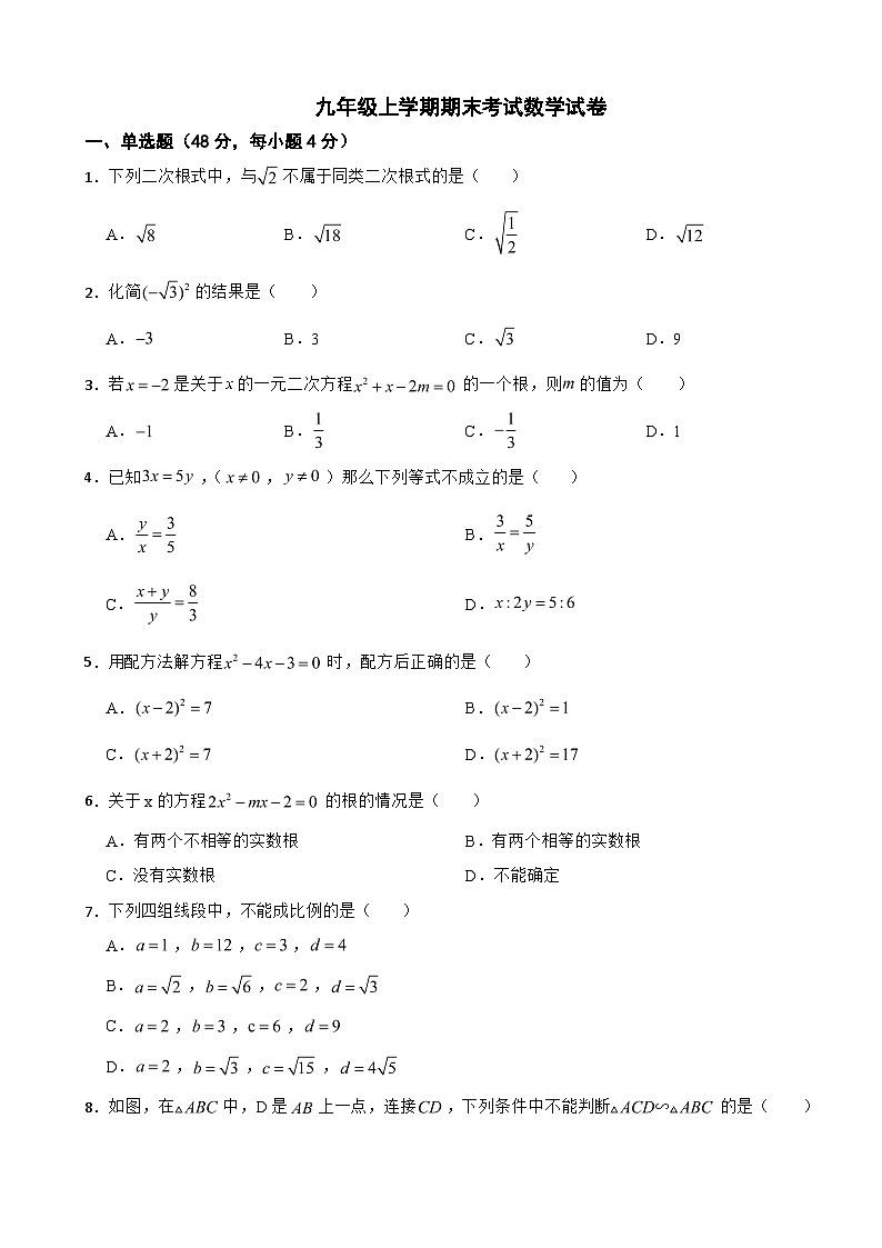 四川省巴中市2025年九年级上学期期末考试数学试卷附答案第1页