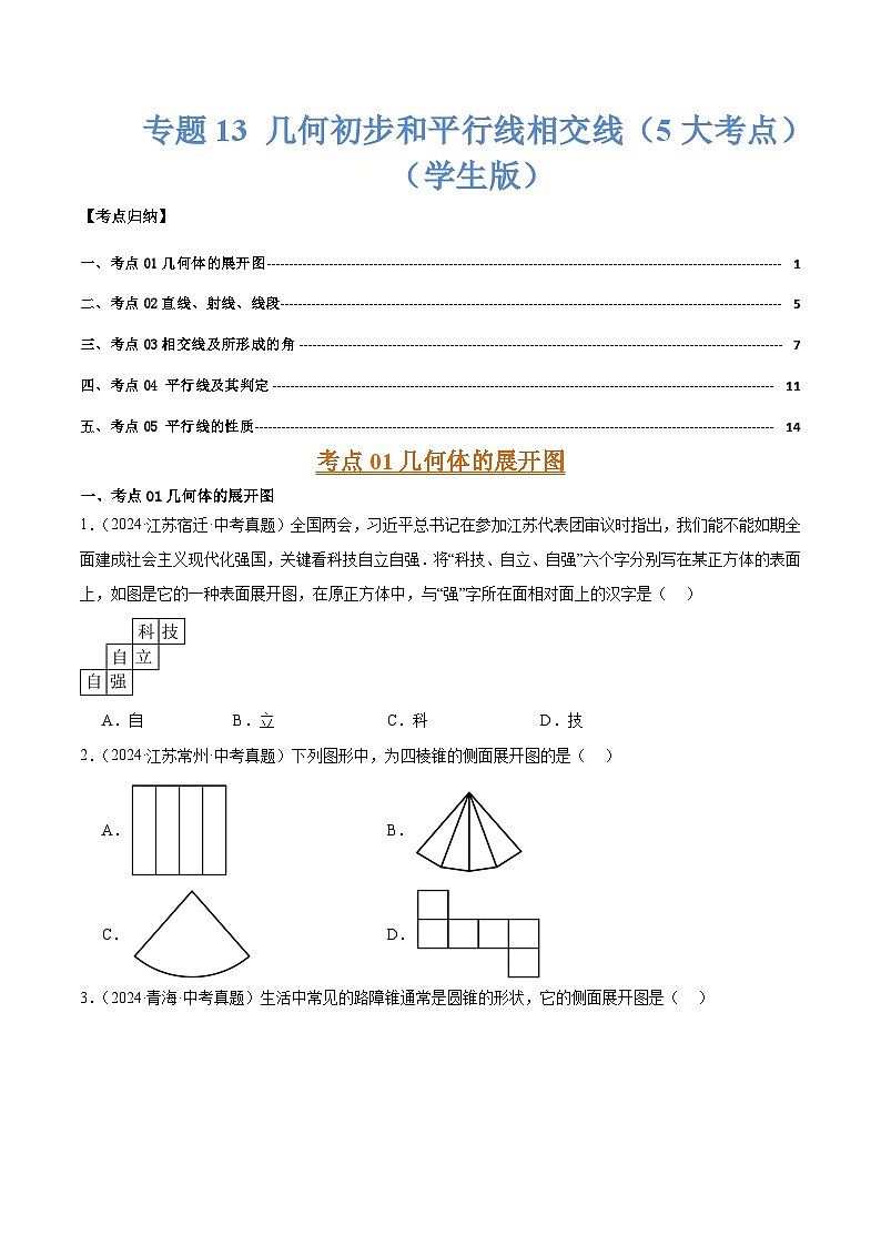 专题13 几何初步和平行线相交线（5大考点）（学生版）第1页