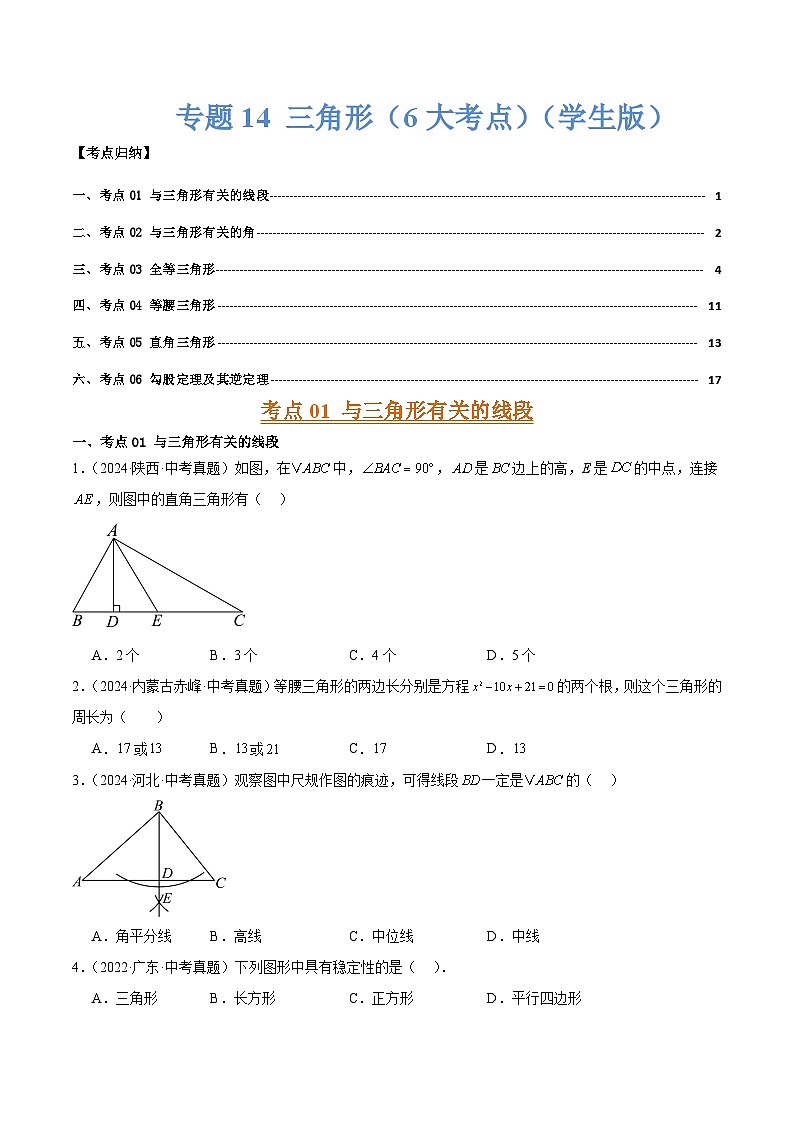 专题14 三角形基础、全等三角形、等腰三角形和直角三角形（6大考点）（学生版）第1页