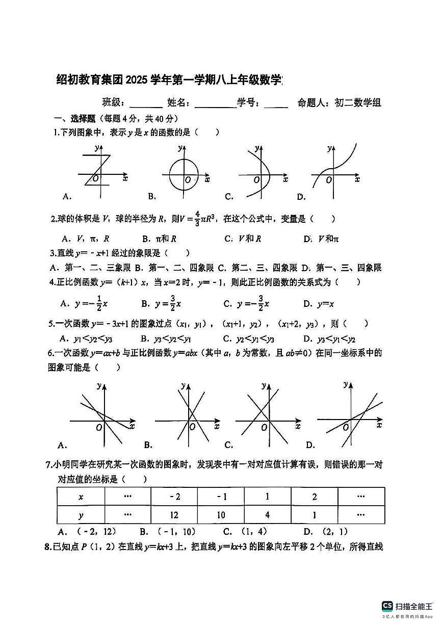 浙江省绍兴初级中学教育集团2025-2026学年上学期八年级数学10月月考试卷第1页