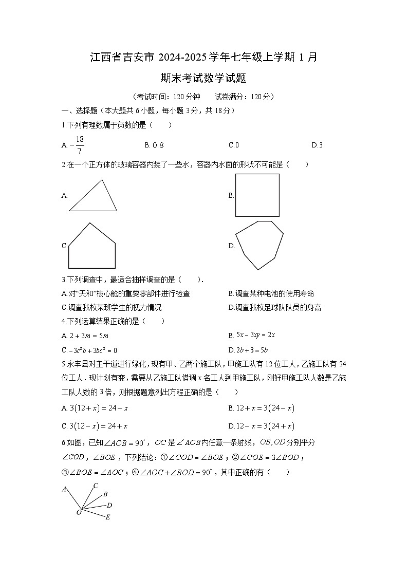 2024-2025学年江西省吉安市七年级上学期1月期末考试数学试卷（学生版）第1页