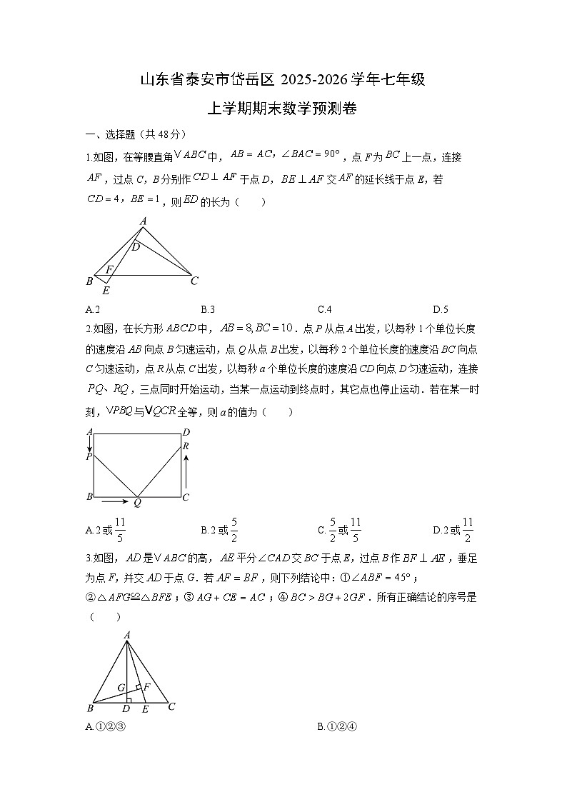 2025-2026学年山东省泰安市岱岳区七年级上学期期末预测卷数学试卷（学生版）第1页
