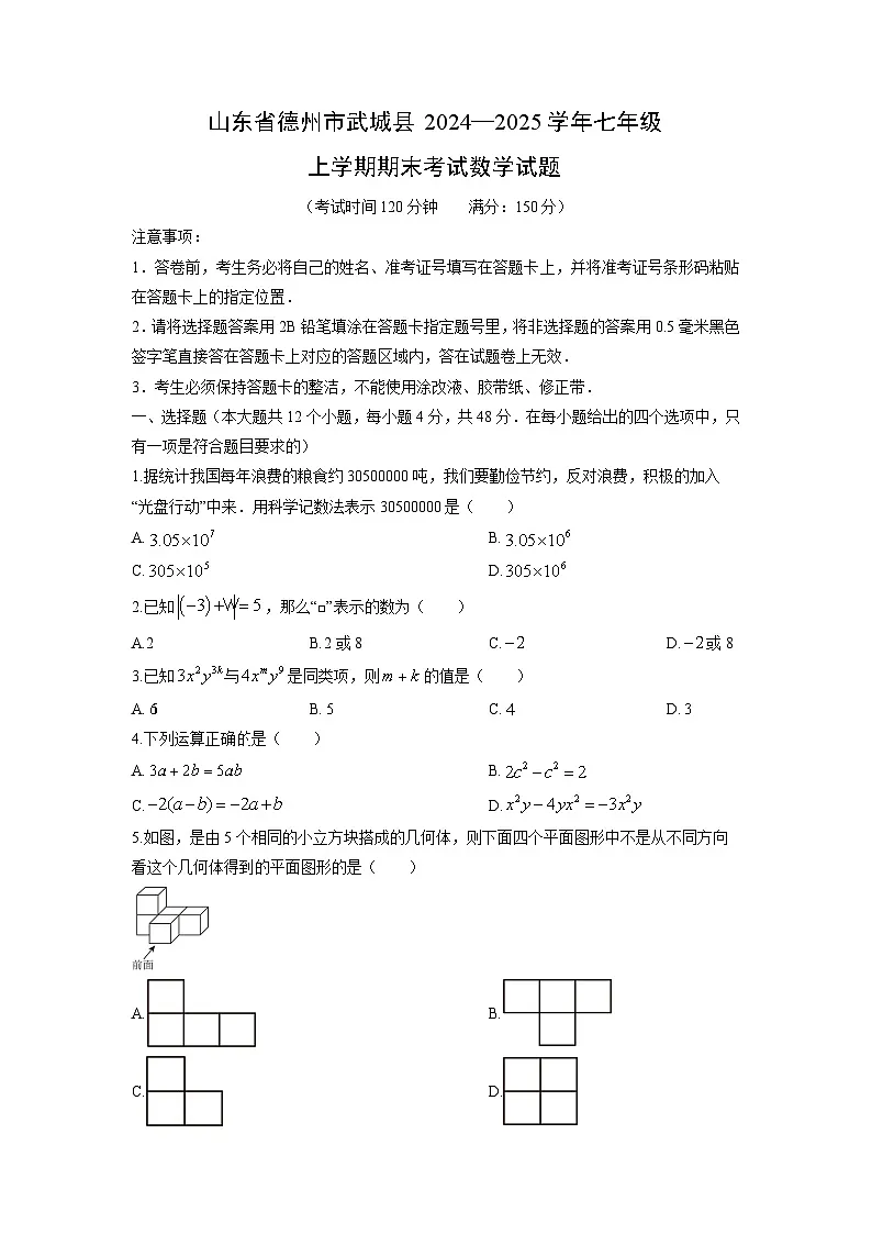 2024—2025学年山东省德州市武城县七年级上学期期末考试数学试卷（学生版）第1页