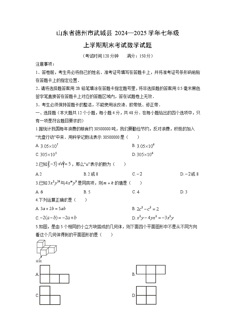2024—2025学年山东省德州市武城县七年级上学期期末考试数学试卷（学生版）第1页