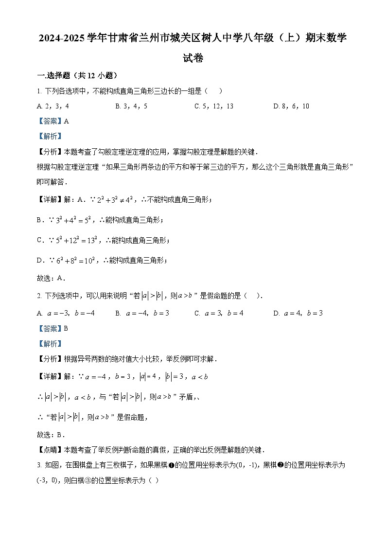 甘肃省兰州市城关区树人中学上学期八年级期末数学试卷（解析版）-A4第1页