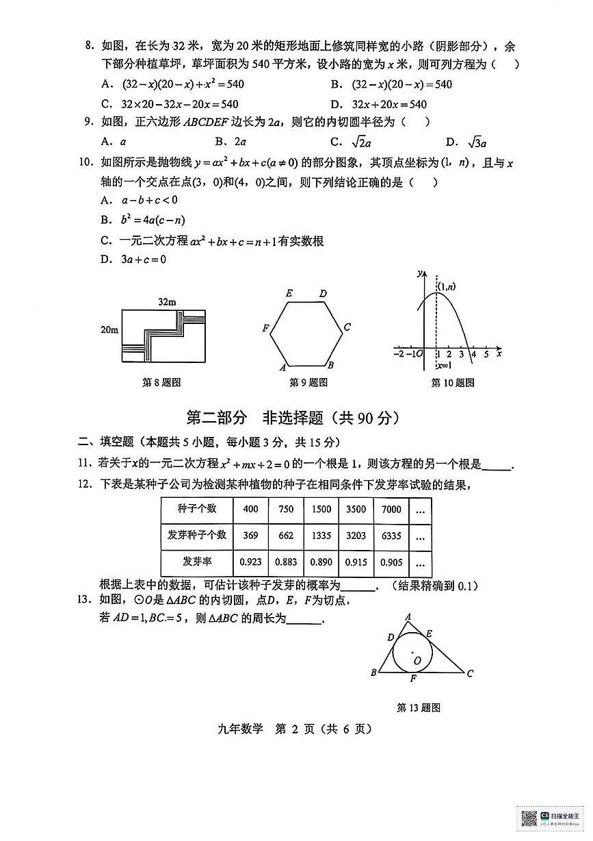 甘肃省武威市天祝藏族自治县新华中学2025-2026学年上学期期末考试九年级数学试卷第2页