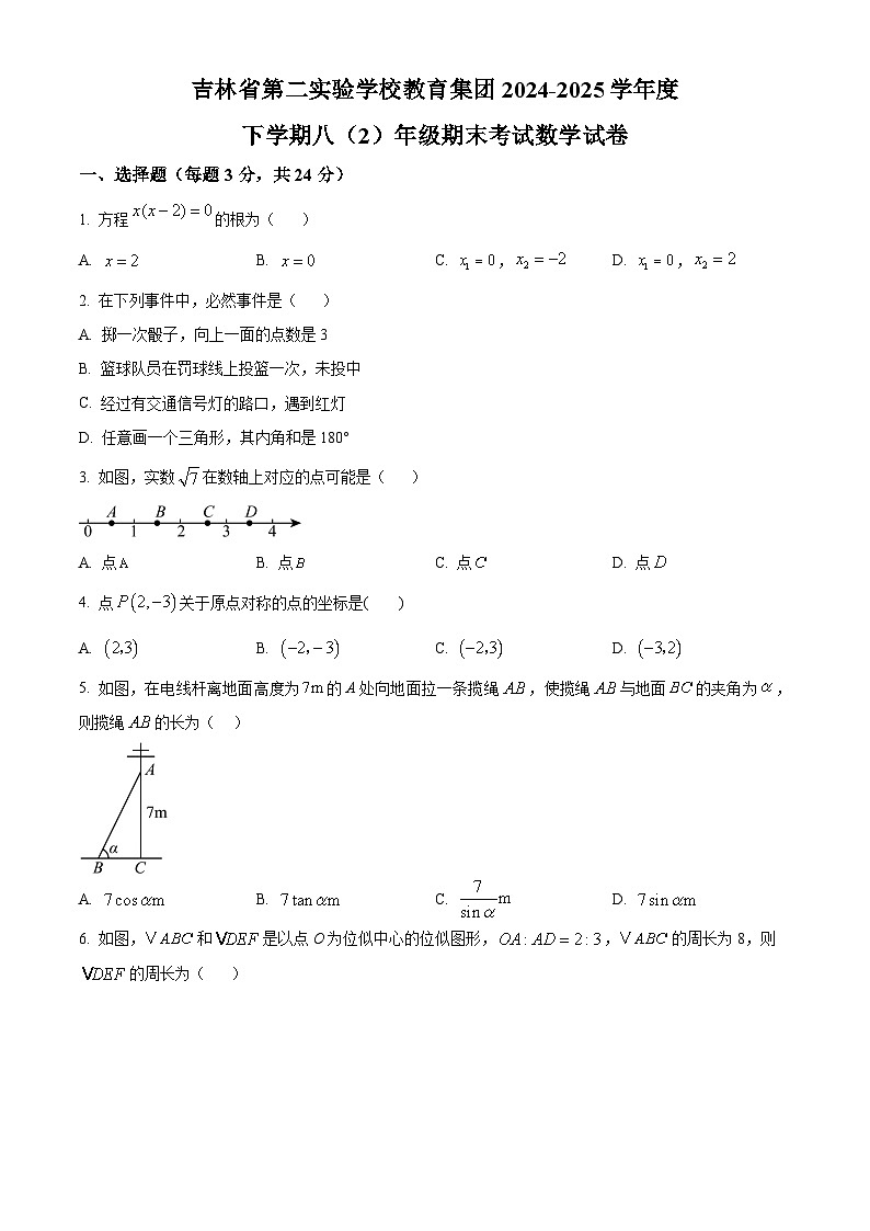 精品解析：吉林省长春市第二实验学校教育集团2024-2025学年八年级下学期期末考试数学试题 （原卷版）第1页