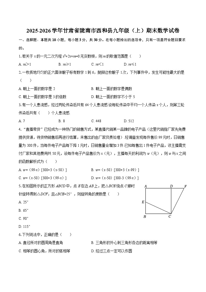 2025-2026学年甘肃省陇南市西和县九年级（上）期末数学试卷-自定义类型第1页