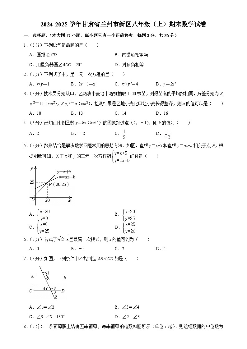 甘肃省兰州市新区2024-2025学年八年级上学期期末数学试卷-A4第1页