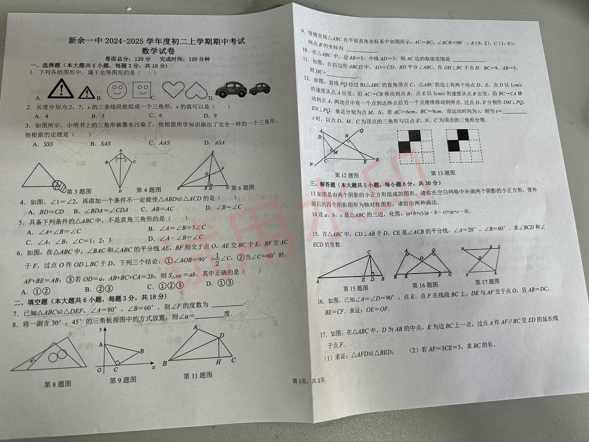 江西省+新余市渝水第一中学2024--2025学年八年级上学期期中数学测试卷第1页