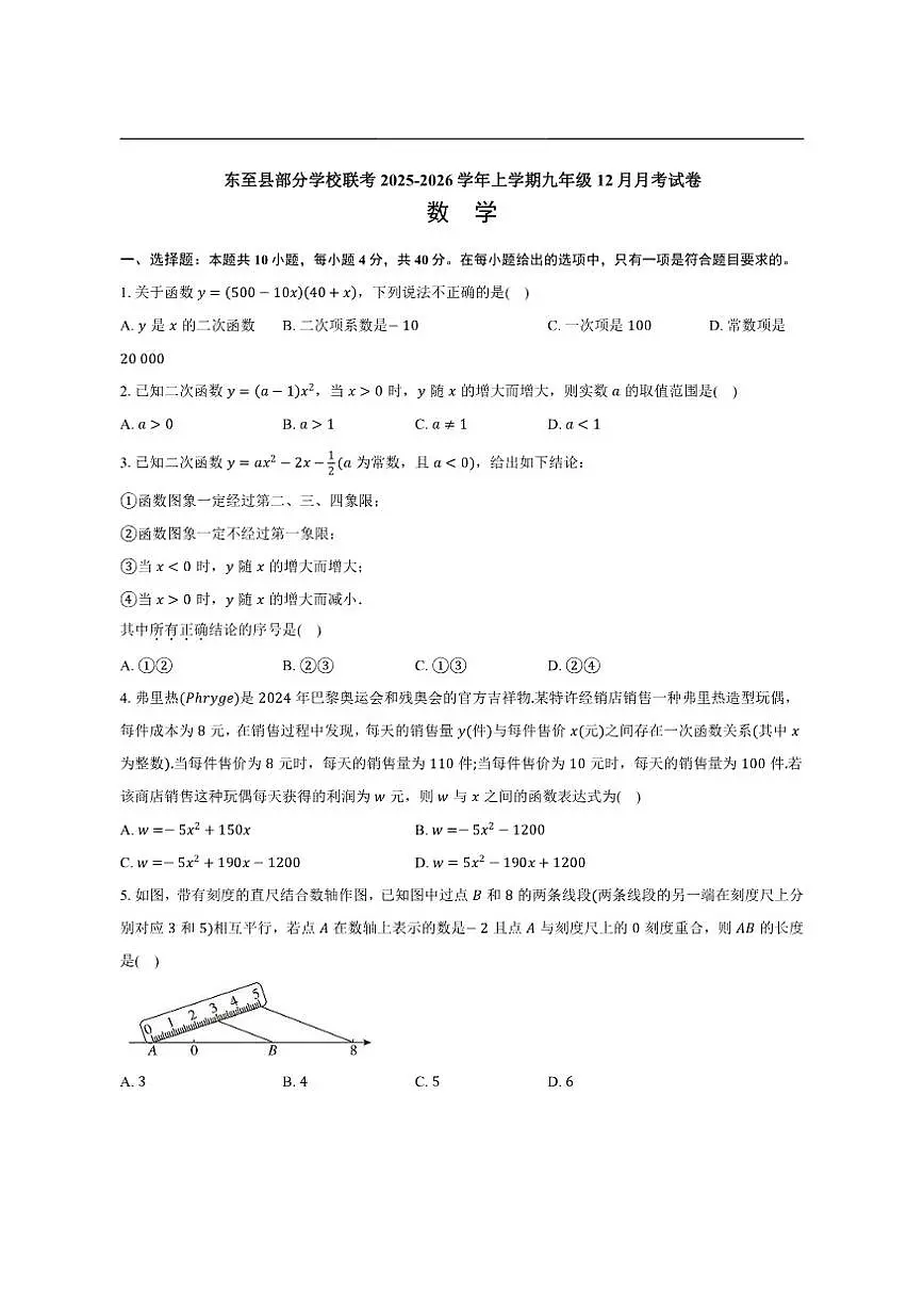 2025-2026学年安徽省池州市东至县部分校联考九年级上学期12月月考数学试题（有答案）第1页