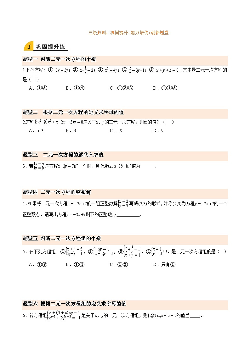 寒假作业14 认识二元一次方程组（巩固培优）（原卷版）第2页