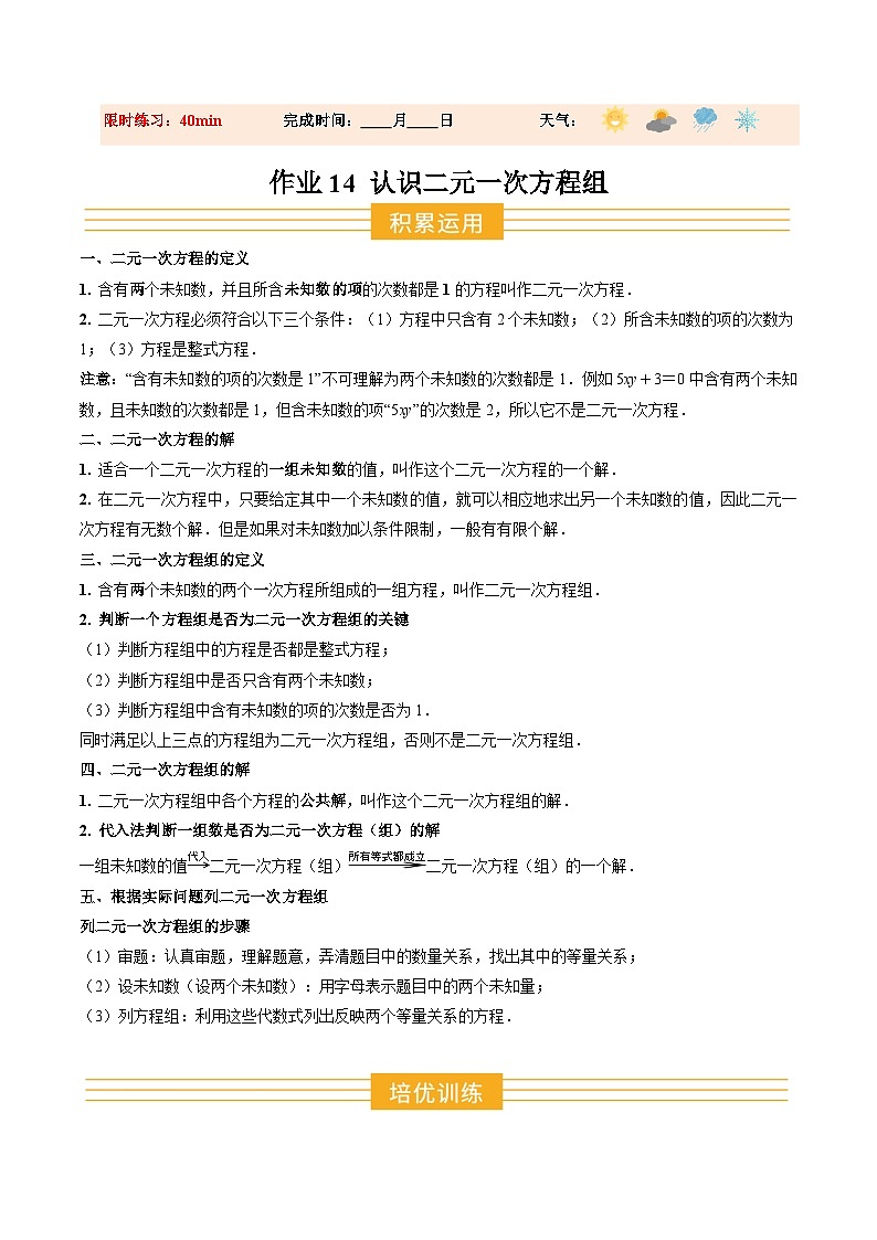 寒假作业14 认识二元一次方程组（巩固培优）（解析版）第1页