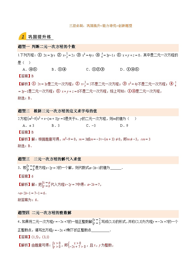 寒假作业14 认识二元一次方程组（巩固培优）（解析版）第2页