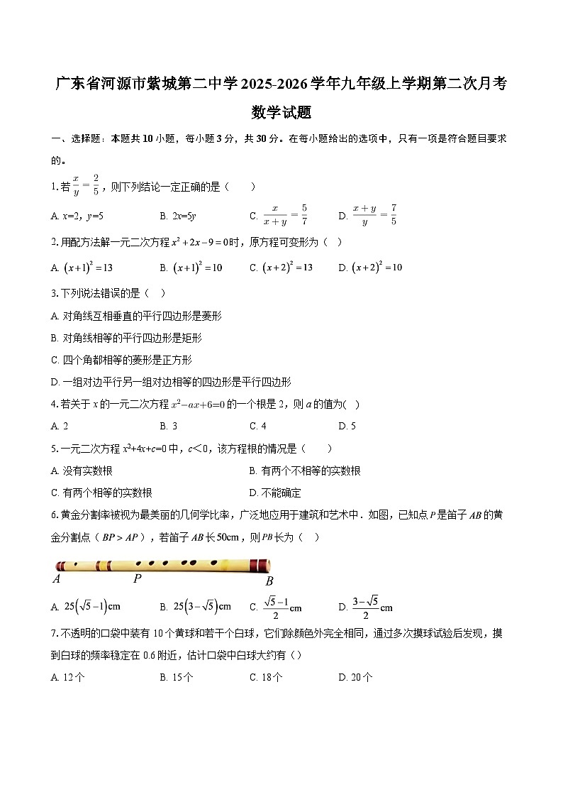 广东省河源市紫城第二中学2025-2026学年九年级上学期第二次月考数学试题-自定义类型第1页