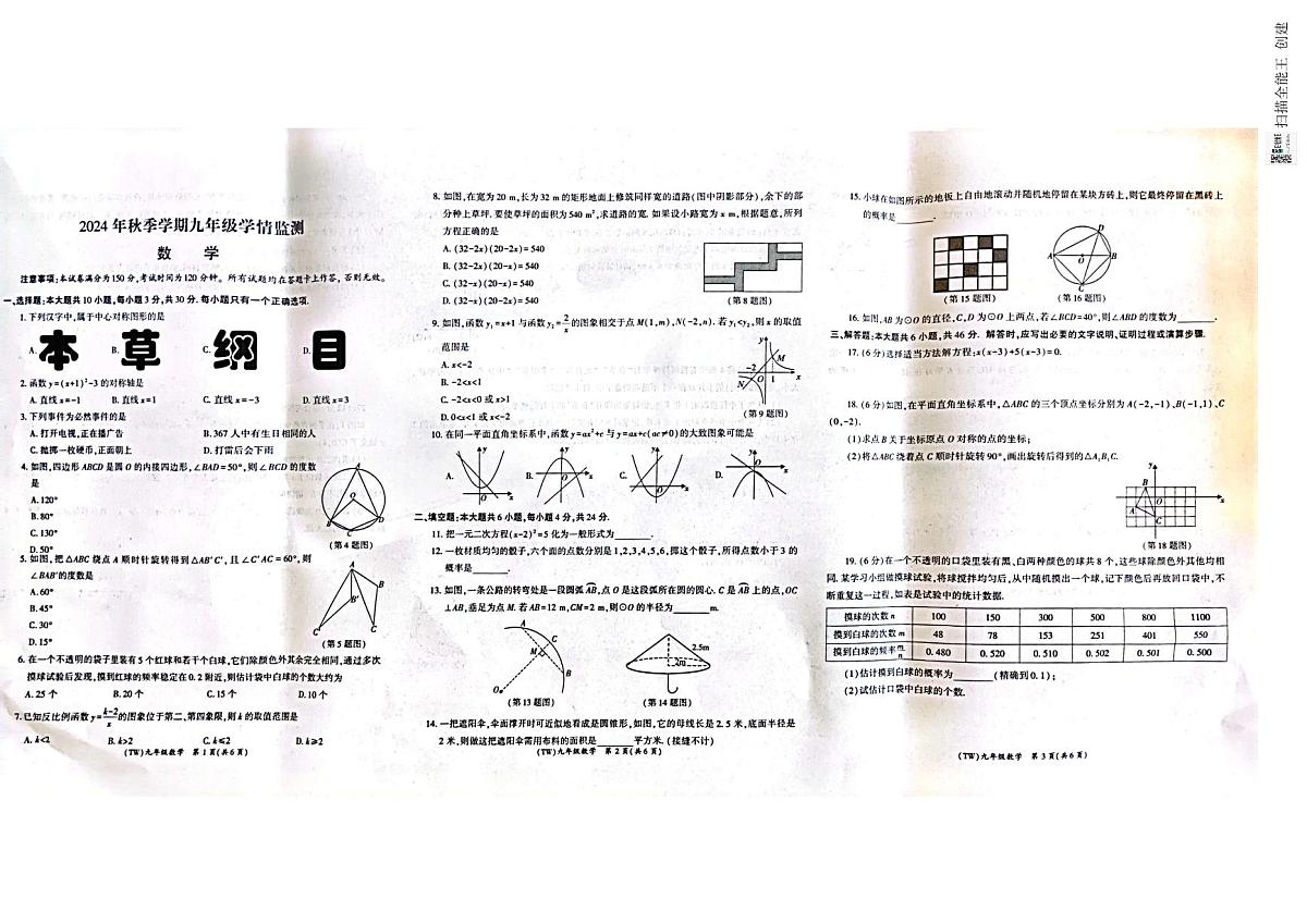 甘肃省陇南市西和县2024-2025学年九年级上学期期末学情检测数学试卷第1页