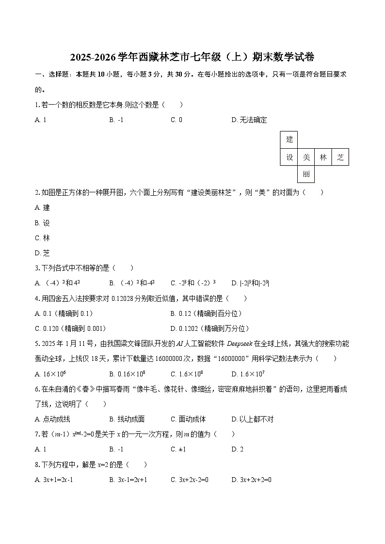 2025-2026学年西藏林芝市七年级（上）期末数学试卷-自定义类型第1页