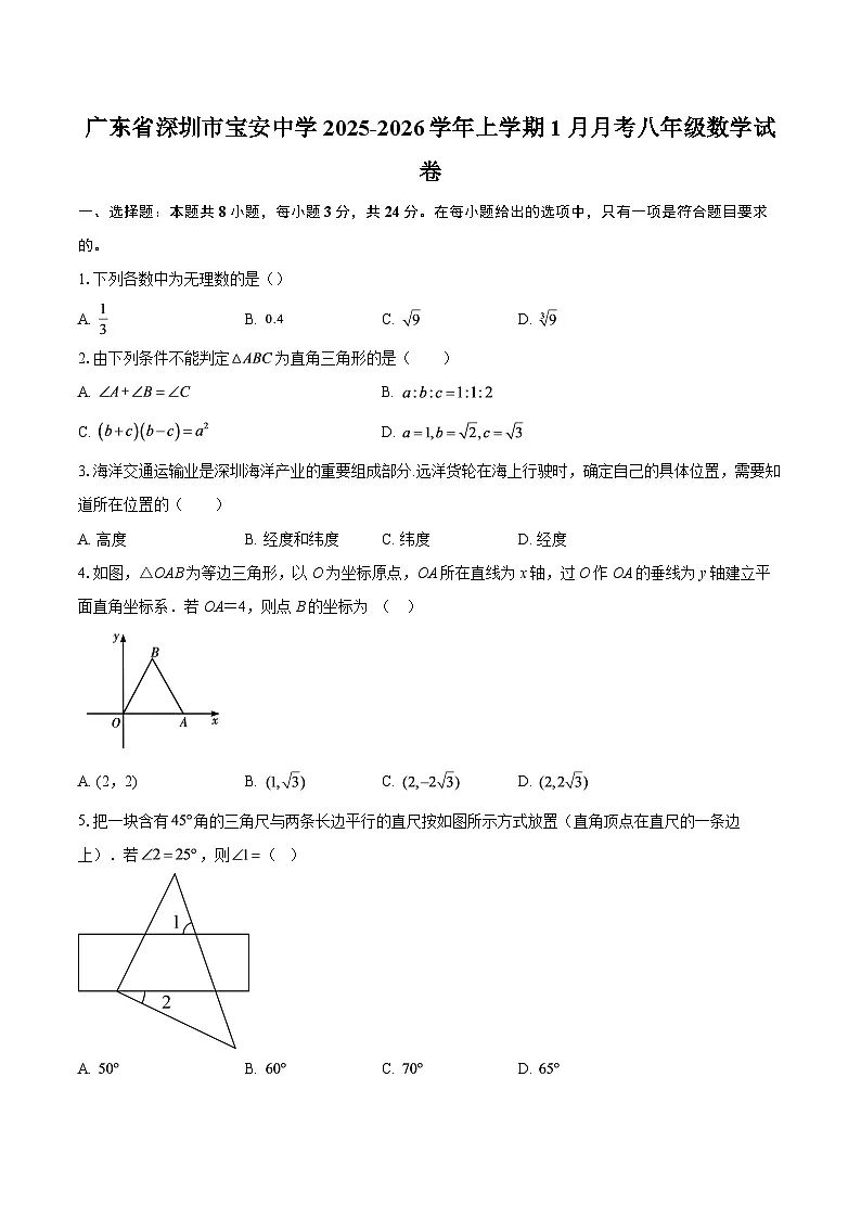 广东省深圳市宝安中学2025-2026学年上学期1月月考八年级数学试卷-自定义类型第1页