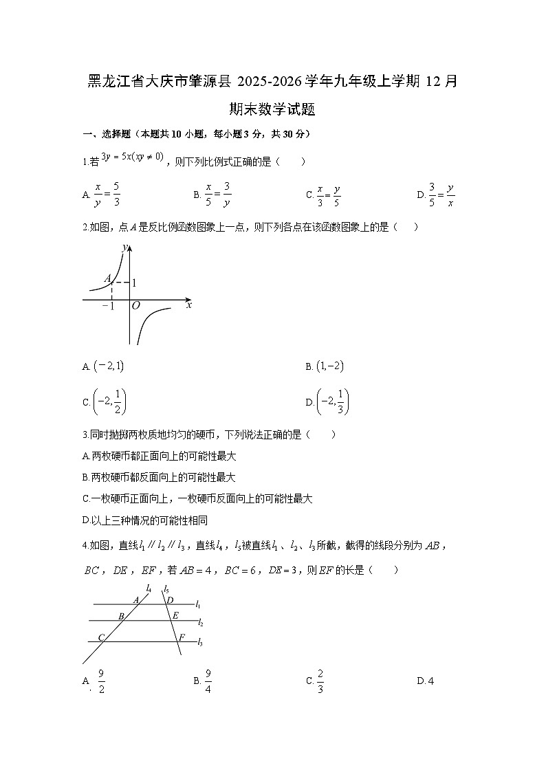 2025-2026学年黑龙江省大庆市肇源县九年级上学期12月期末数学试卷（学生版）第1页