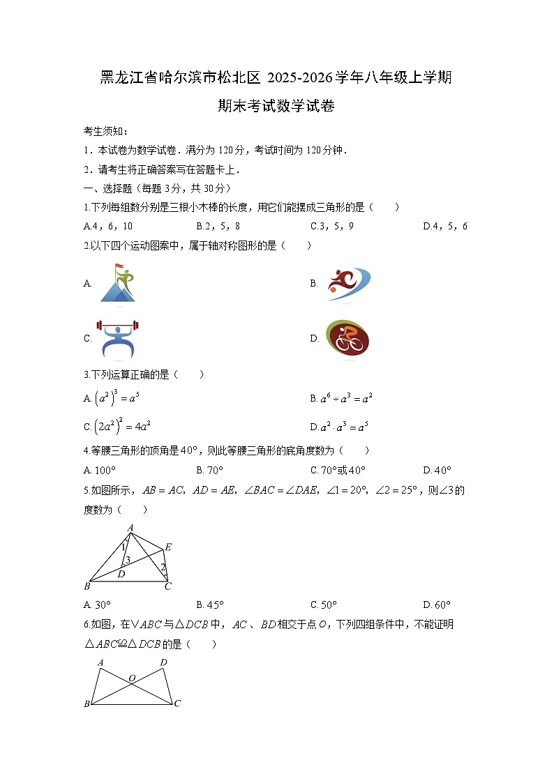 2025-2026学年黑龙江省哈尔滨市松北区八年级上学期期末考试数学试卷（学生版）第1页