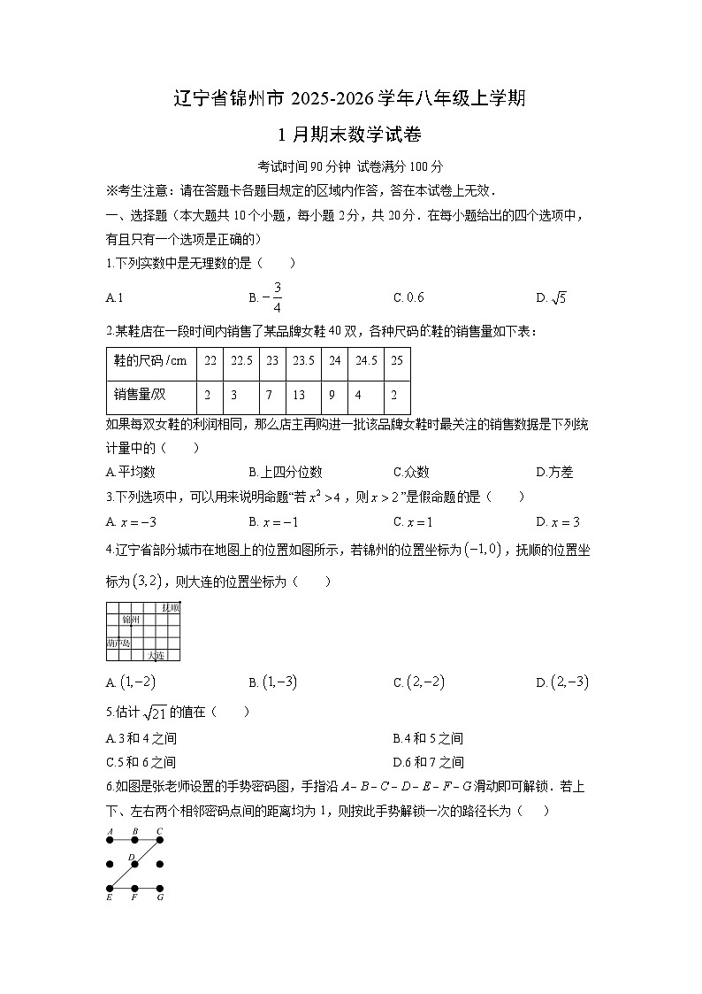 2025-2026学年辽宁省锦州市八年级上学期1月期末数学试卷（学生版）第1页