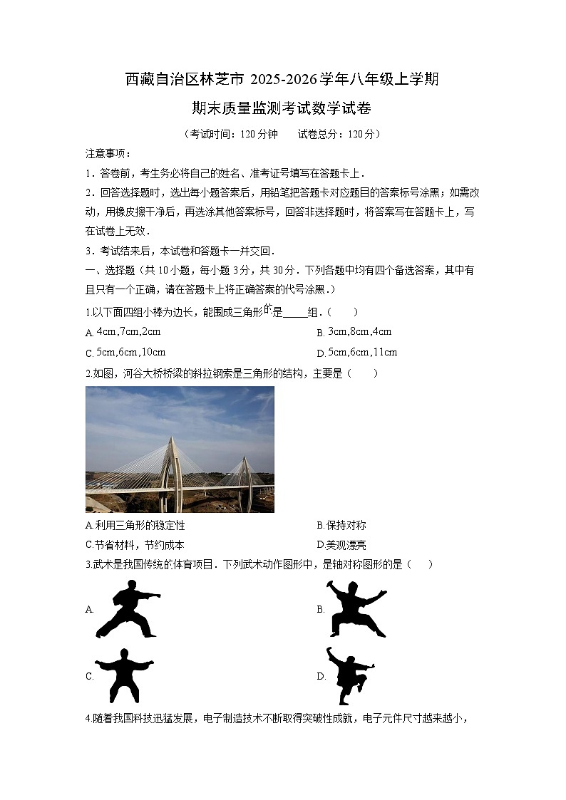 2025-2026学年西藏自治区林芝市八年级上学期期末质量监测考试数学试卷（学生版）第1页