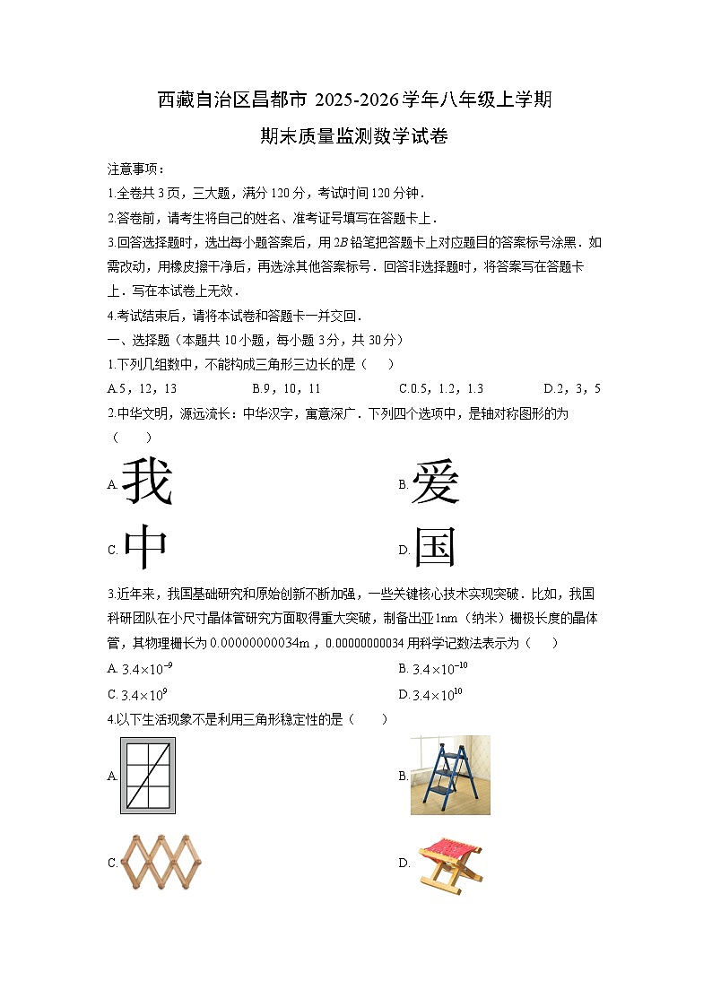 2025-2026学年西藏自治区昌都市八年级上学期期末质量监测数学试卷（学生版）第1页