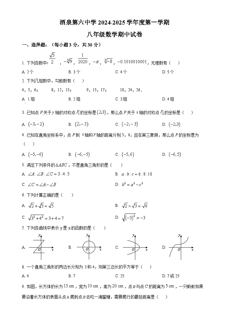甘肃省酒泉市第六中学八年级上学期11月期中考试数学试题（原卷版）-A4第1页