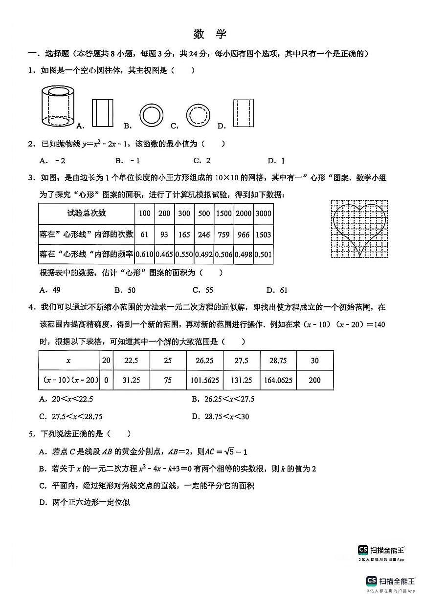 广东省深圳中学集团2025-2026学年上学期九年级数学12月底联考卷（月考）第1页